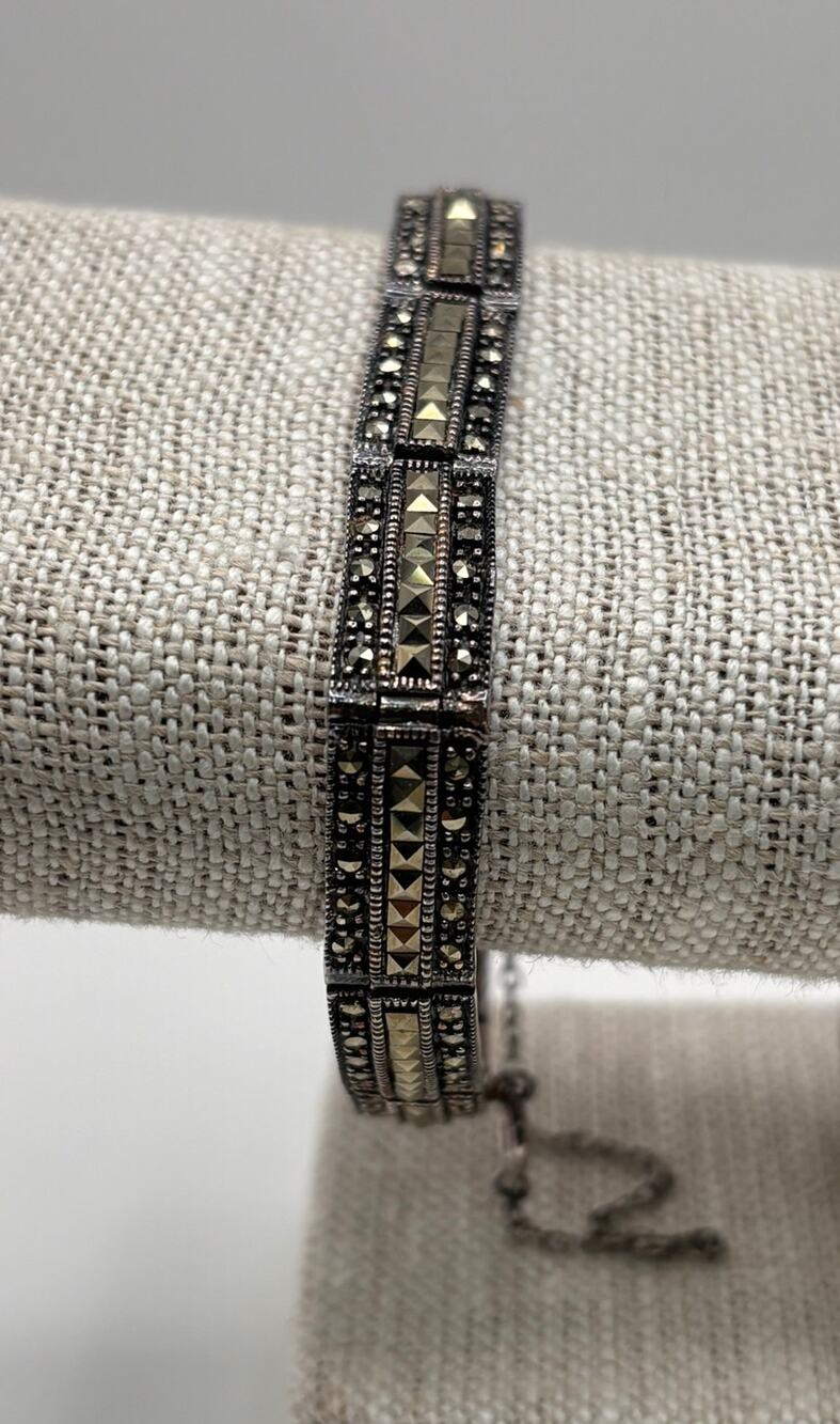 FAS Sterling Silver Marcasite Bar Link Bracelet 7" #81100